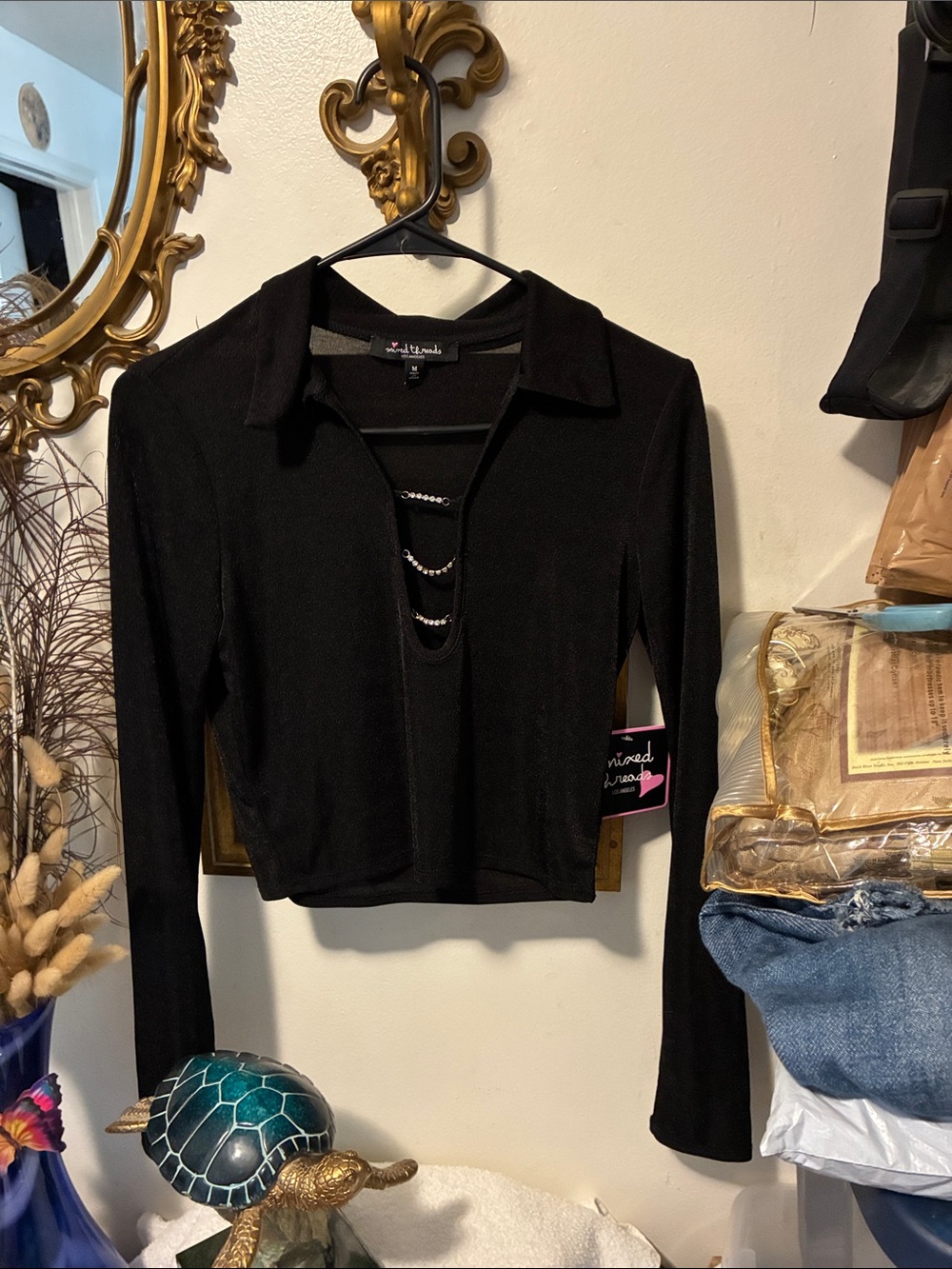 Black Long-Sleeve Collared Top with Chain Accent - Women